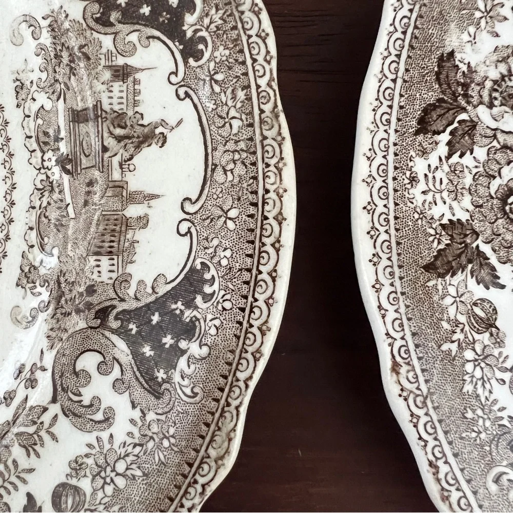 Set 4 Antique English Transferware Gondola Boat Brown White Scallop Plates 1830s